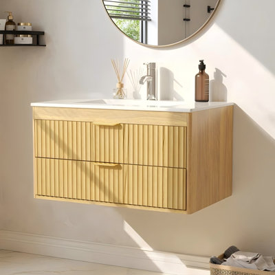 Meuble-lavabo de salle de bain de 76 cm (30 po) avec lavabo encastré en céramique, meuble-lavabo en bois avec rangement dissimulé (sans robinetterie) - Brun