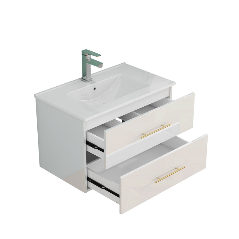 Meuble-lavabo mural blanc brillant 30 po avec lavabo combiné, double tiroir, lavabo en céramique, longue poignée en métal, installation facile, blanc brillant