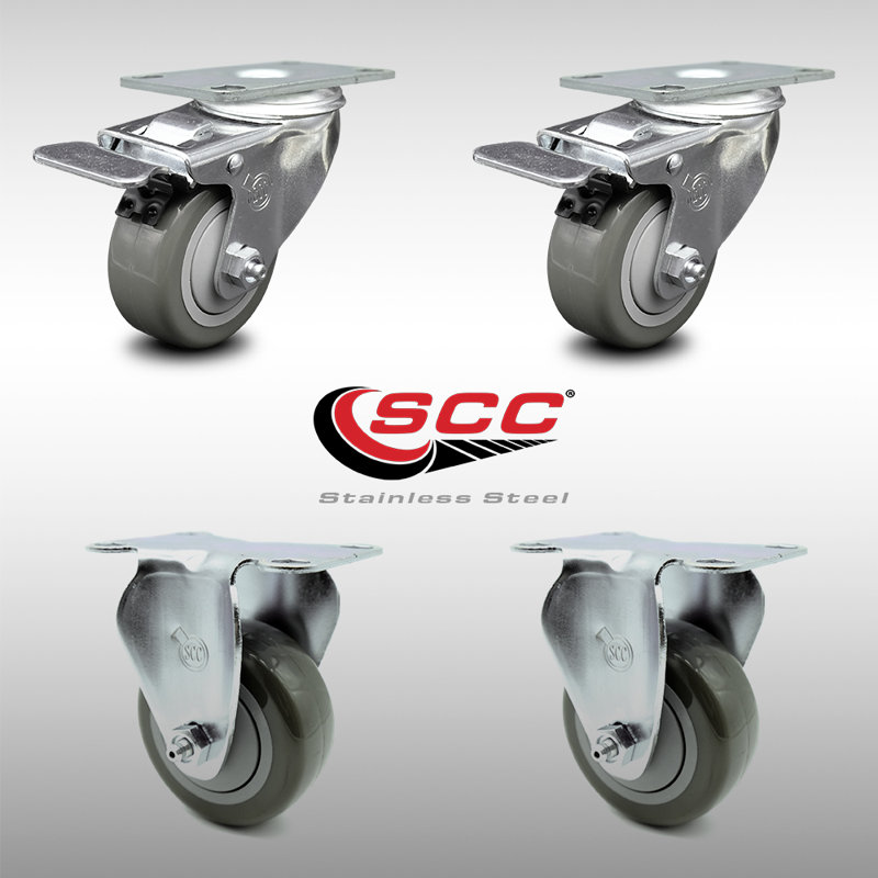 3 Inch SS Gray Polyurethane Top Plate Caster Set 2 Lock Brake 2 Rigid SCC