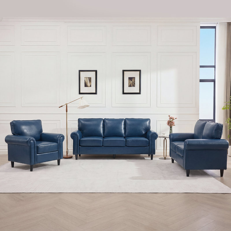 3- Piece Sofa Set Faux Leather Couch Rolled Arm Chair Living Room Set, 3 Pcs: Chair, Loveseat, Sofa, Royal Blue