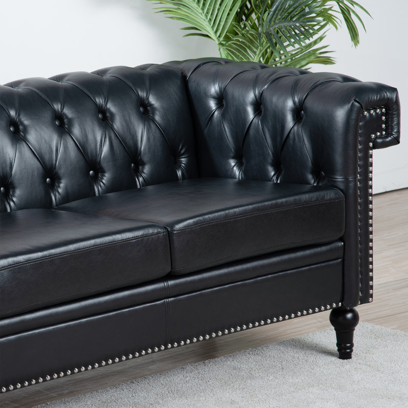 Canapé en cuir PU 83,6 po avec accoudoirs roulés et garniture cloutée 83,6 po, Noir