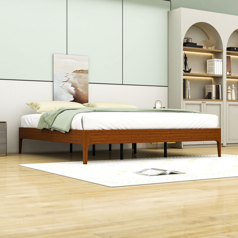 Lit plateforme en bois avec support robuste et conception silencieuse, Brun, Très grand lit