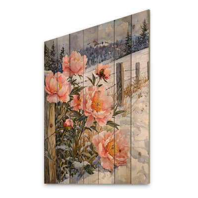 Pivoines hivernales dans le pâturage enneigé II - Décoration murale en bois de pivoines - sur bois de pin naturel