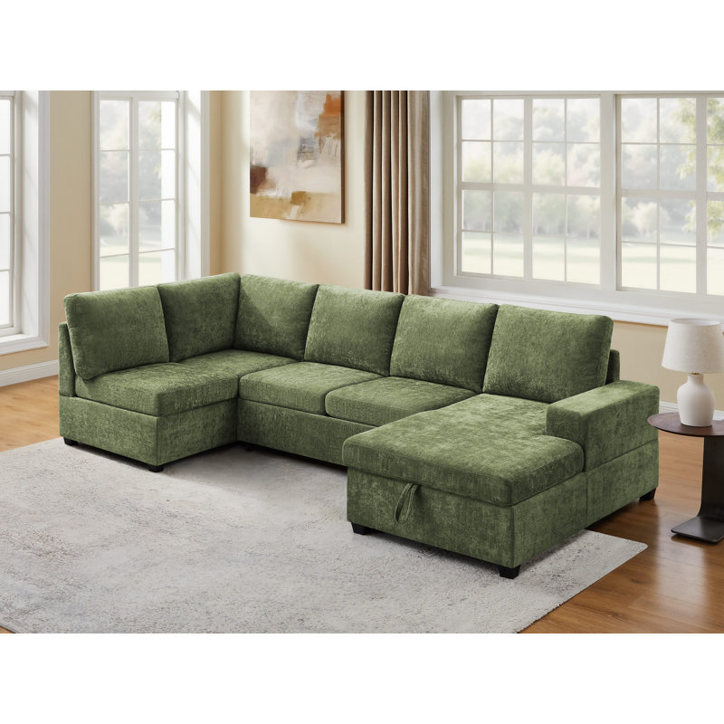 Pull-Out Sofa With Storage Chaise, Upholstered Couch, Green Polyester/Fabric