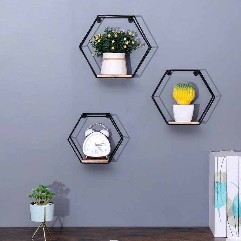Hexagonal Wall Mounted Storage Shelves In Different Sizes, Modern Metal And Wood Decor For Multiple Areas, Easy To Install Alone Floating Shelves, Solution Bedroom Living Room, Simple Partition