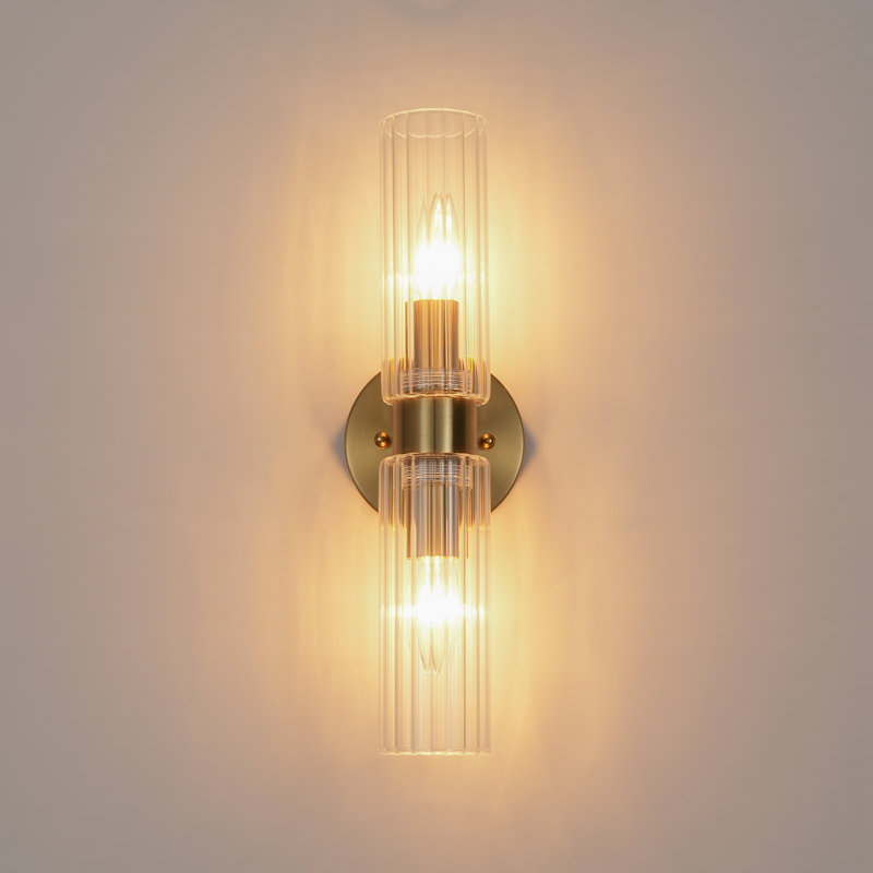 Applique murale 2 lumières pour salle de bain en laiton avec abat-jour en verre texturé, applique murale haut et bas