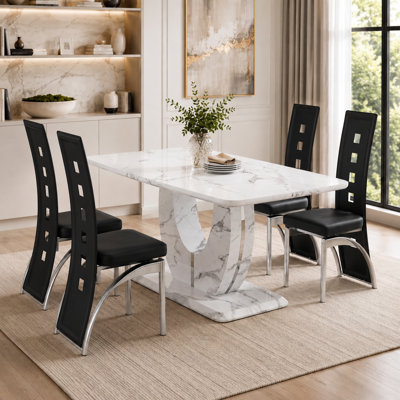 Ensemble de salle à manger contemporain 5 pièces avec table rectangulaire sur pied en faux marbre et chaises en similicuir