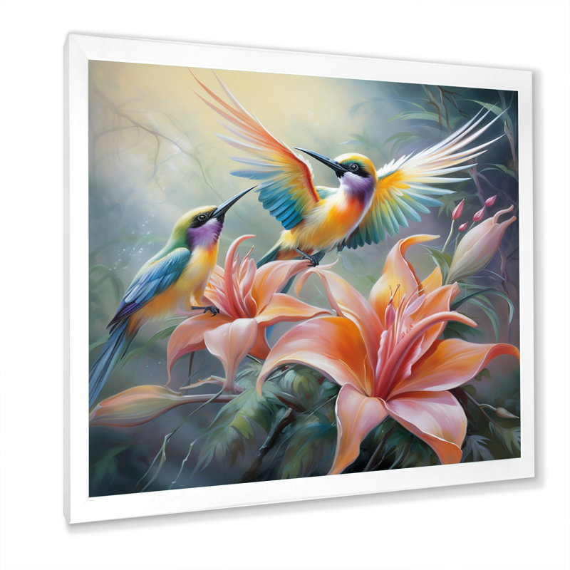 Fleurs tropicales avec un bel oiseau, Cadre simple blanc, H 36 po x l 36 po x P 1,5 po