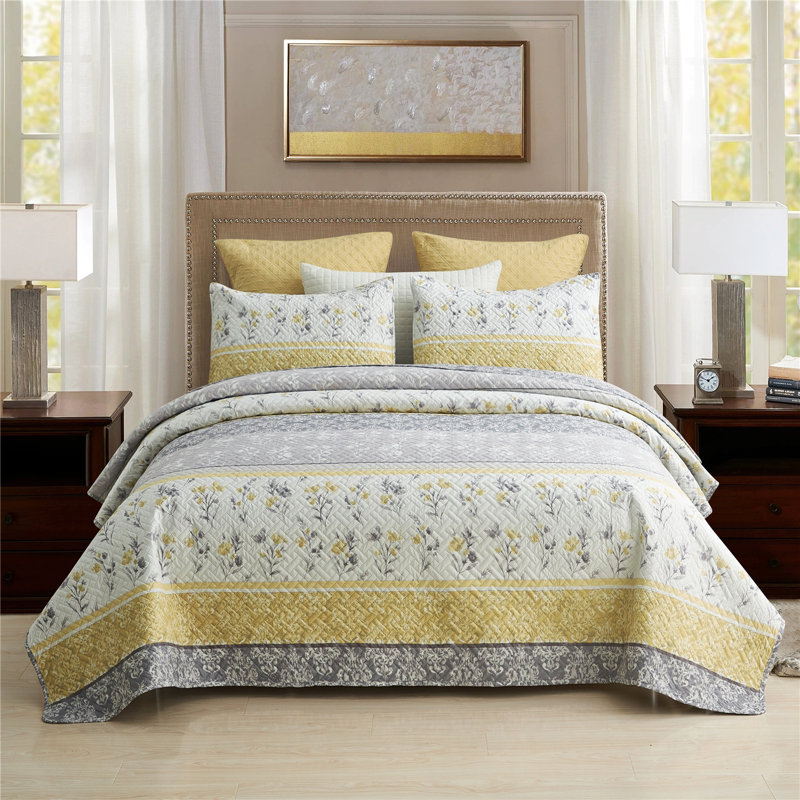 JML Grey/Yellow Floral Microfiber Reversible 3 Piece Quilt Set, Queen Quilt + 2 Standard Shams