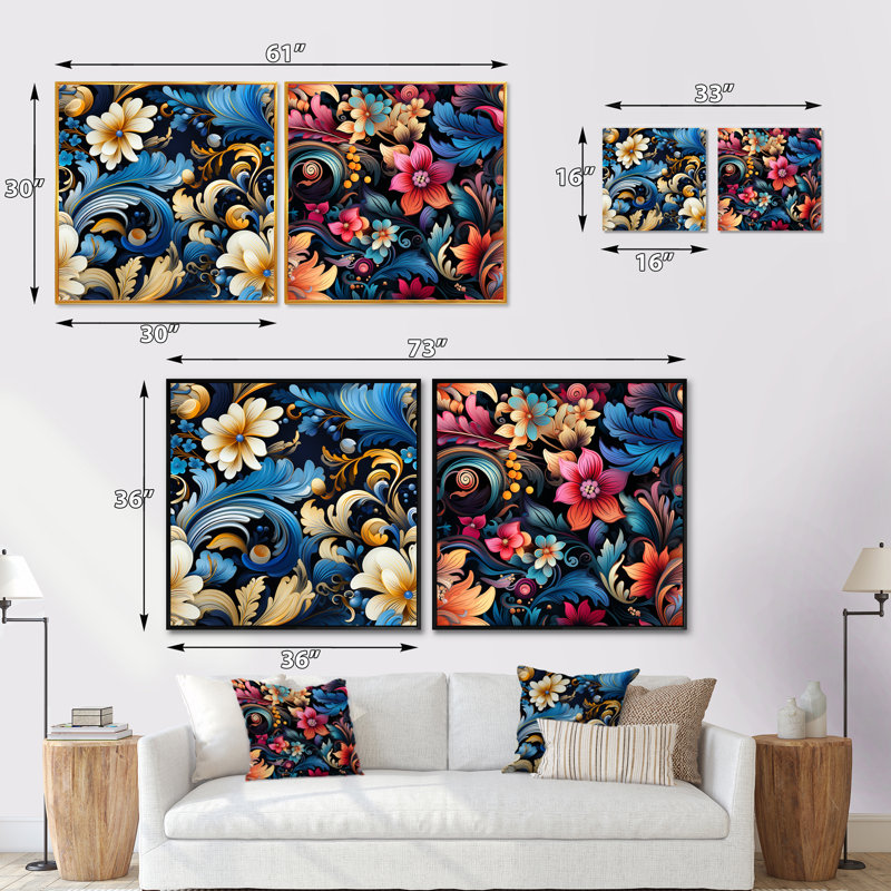Willenhall - Ensemble de 2 collages floraux et botaniques carrés, Cadre flottant doré, H 16 po x l 33 po