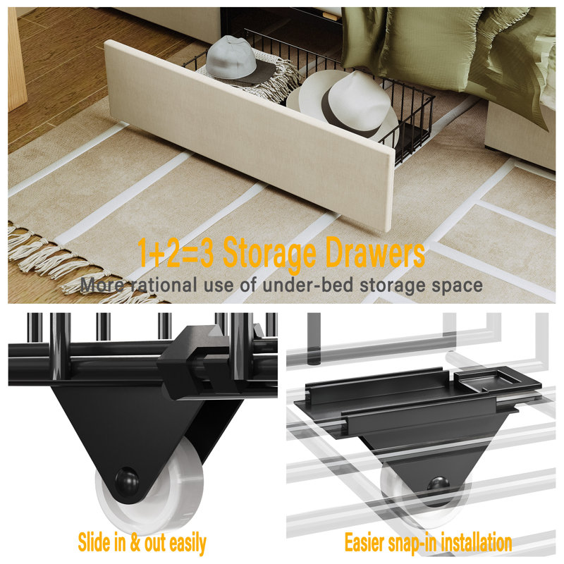 Upholstered Bed Frame with 3 Drawers, Bed with Storage Headboard and Charging Station