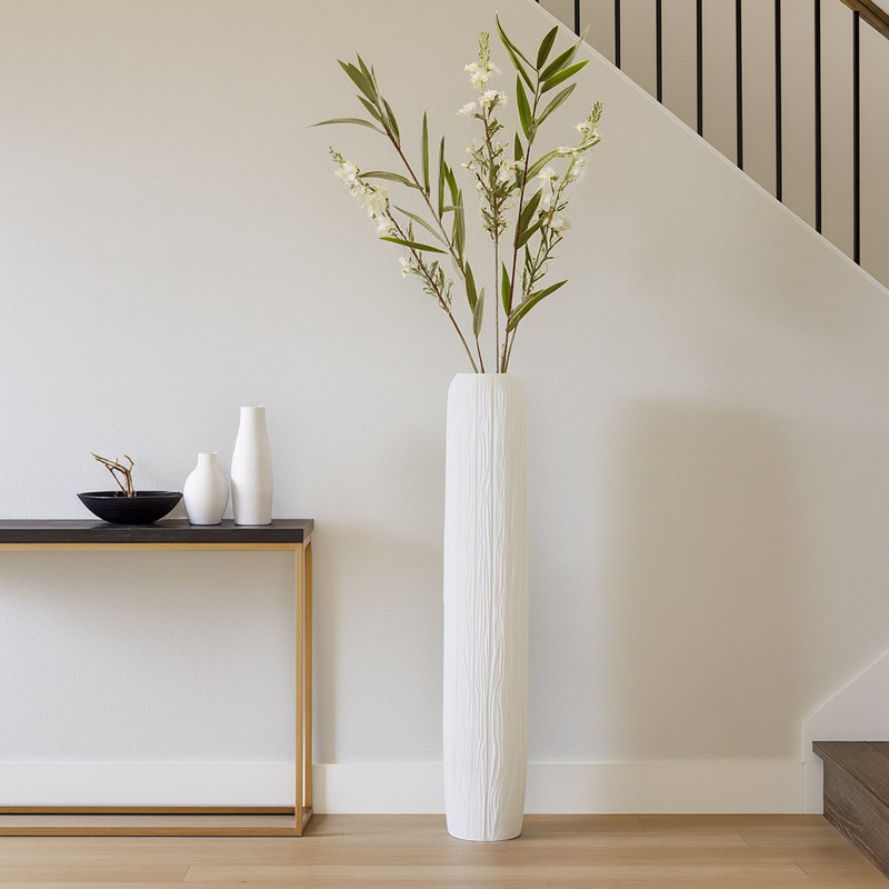 Contemporary Ceramic Tall Floor Vase for Home Decor - Minimalist Flower Vase Accent for Living Room, Entryway, and Corner Styling - White