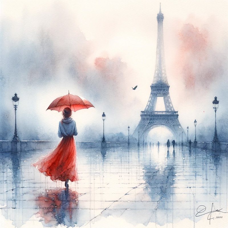 Sérénade dans une brume écarlate et tour Eiffel, H 20 po x l 20 po x P 1,5 po