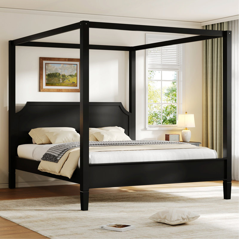 Lit plateforme à baldaquin en bois avec tête de lit et pieds de soutien, cadre de lit pour chambre à coucher, Grand lit, Noir