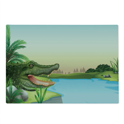 Ambesonne Reptile Cutting Board Large Size Palms Crocodiles Humor Green Blue