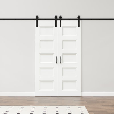 80"H 5 Panel Waterproof White Primed Solid Core Composite MDF Wood Sliding Barn Door with Hardware Kit