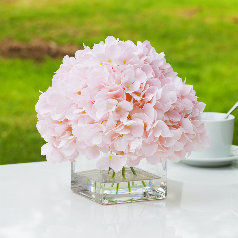 Faux Silk Hydrangea Arrangement in Vase, Light Pink