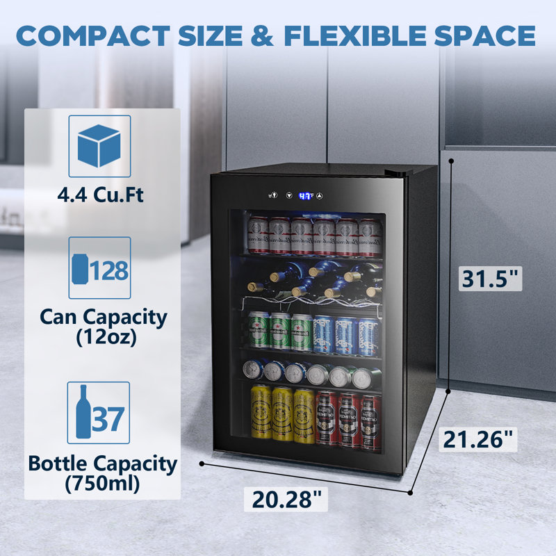 4.4 Cu.ft Mini Fridge, 37 Bottles/145 Cans,Beverage Fridge with Touch Control, 32-61℉, <38dB, LED, Removable Shelves, Stainless Steel Frame