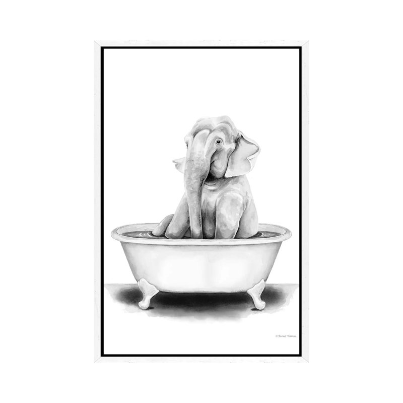 Elephant In Tub by Rachel Nieman - Painting on Canvas, 101.6 cm H x 66.04 cm W, White Framed