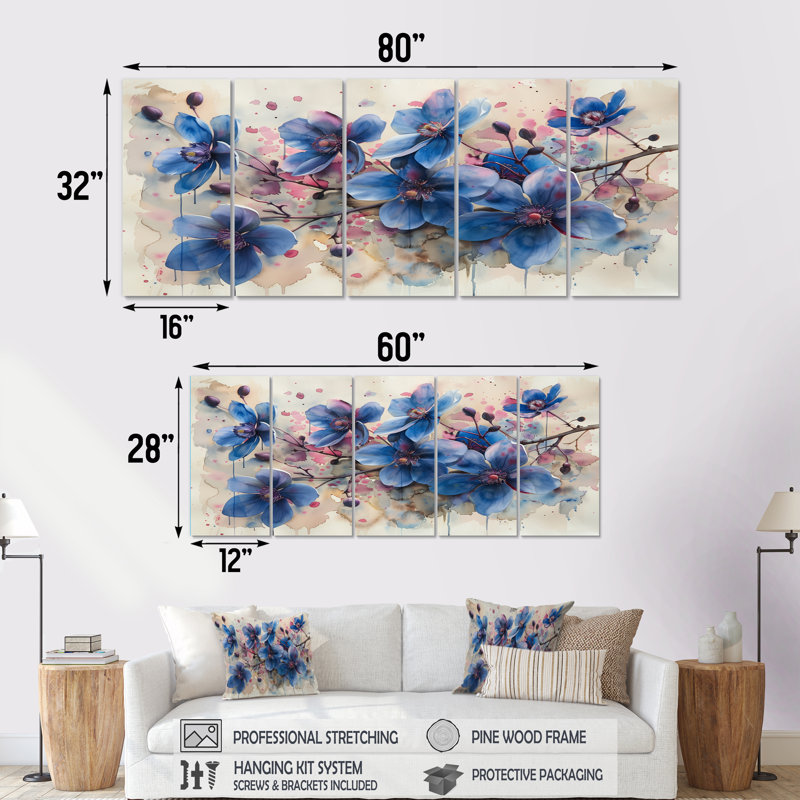 Blue Cherry Blossom Elegant Blooms - Ensemble de salon art mural cerisier en fleurs, H 32 po x l 80 po