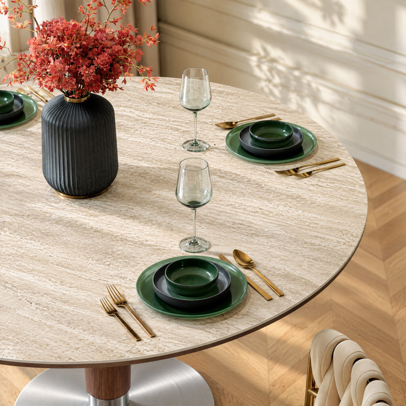 Table de salle à manger ronde moderne de 90 cm (35,4 po) avec plateau en pierre frittée imitation travertin, pied central en bois et base en acier inoxydable