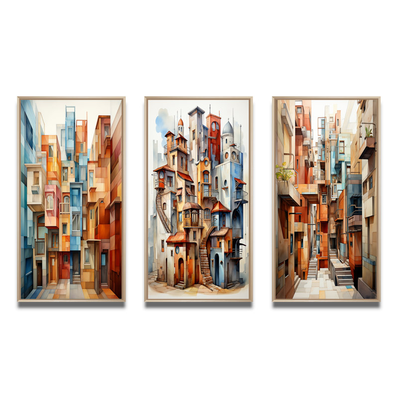 «Cubism Art Multidimensional», 3 pièces sur toile, H 40 po x l 60 po, Encadré naturel
