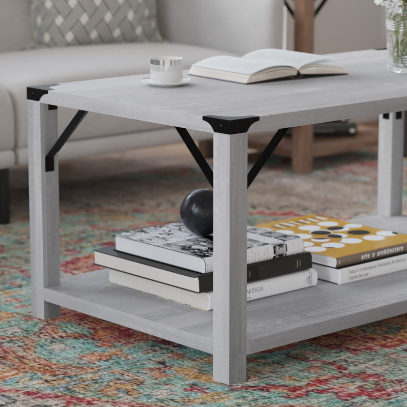 Table basse à 2 niveaux Talmon avec entretoises latérales en métal et embouts de coin, Gris clair