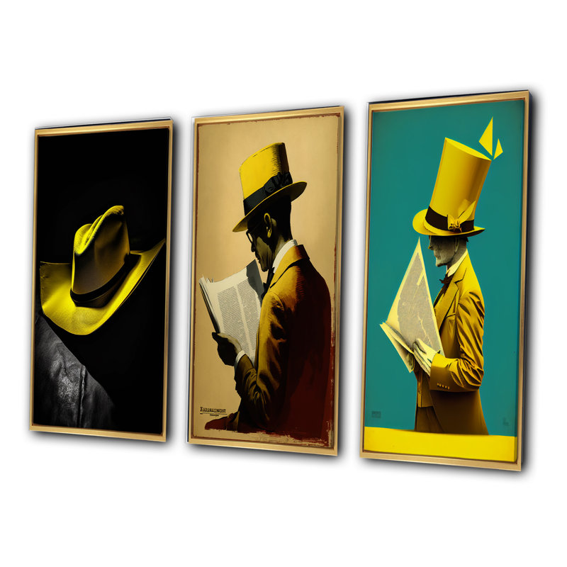 «Retro Yellow Hat On Black», 3 pièces, Cadre flottant doré, H 40 po x l 60 po