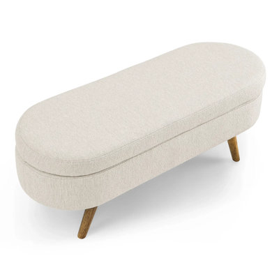 Banc de rangement plissé en tissu avec pieds en bois d'hévéa - multifonctionnel (tabouret / siège / rangement), blanc