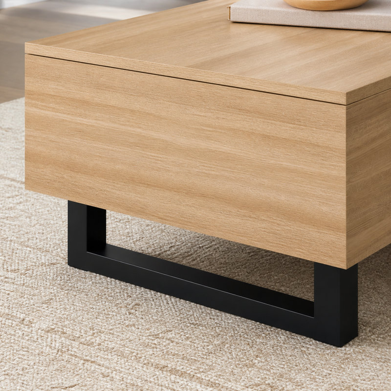 Table basse extensible avec plateau coulissant avec rangement dissimulé, MDF naturel, design moderne inspiré du milieu du siècle