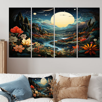 «Yellow Enchanted Meadows Fantasy III - Abstract Landscape», art mural 4 pièces