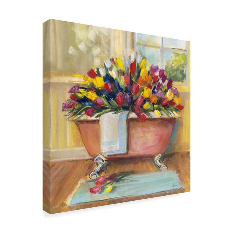 Floral Square Framed Canvas Art with Pink Bathtub