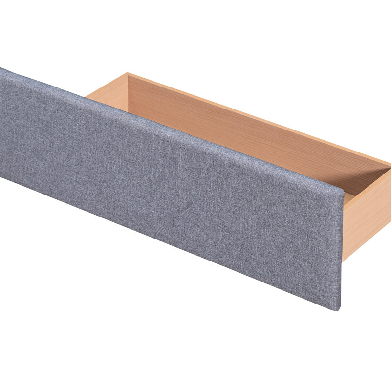 Lit plateforme tapissier gris foncé, grand lit avec 4 tiroirs et classique, sans sommier, revêtement en lin, tête de lit à structure en bois massif, gris. Taille. Ressort nécessaire. Support de panneau de particules.