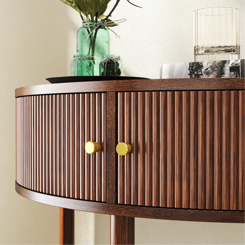 Console en demi-lune artisanale à motif ondulé et veinage en bois brun, table d'appoint au design unique en forme de demi-lune avec 2 tiroirs de rangement et une étagère inférieure, idéale pour le salon, la chambre, le bureau ou le couloir.
