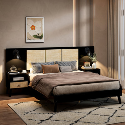 Grand cadre de lit noir avec bois massif, 2 tables de chevet et lampes intégrées, noir pour une chambre à coucher moderne. Fabrication, pièce élégante