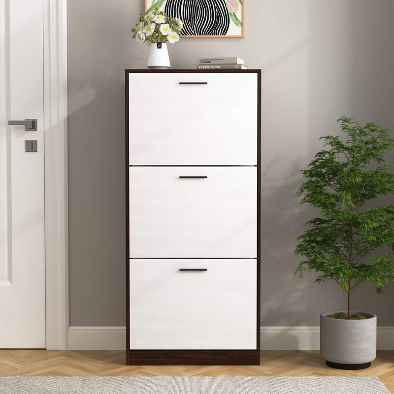 Armoire de rangement moderne pour chaussures avec 3 tiroirs rabattables et panneaux réglables pour un rangement compact
