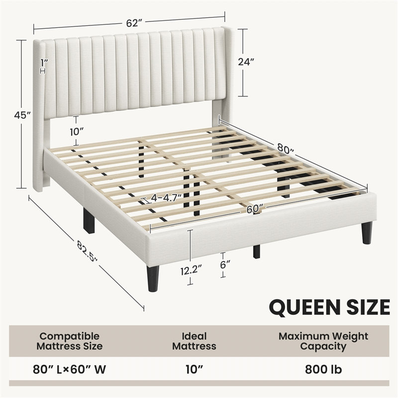 Upholstered Panel Bed, Queen, Ivory