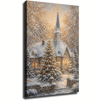 Snowy Winter Church With Glowing Christmas Tree And Falling Snow Vintage Oil Painting Canvas Wall Art For Holiday Home Decor