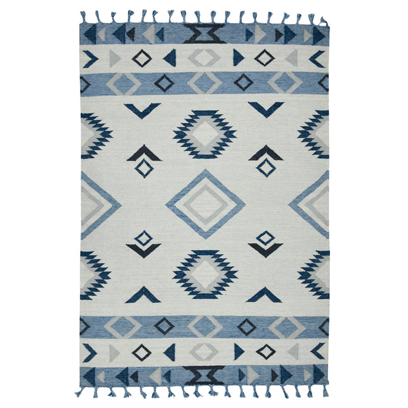 Tapis bleu en laine tissé à plat à la main Sabrina, Rectangle 3 pi x 5 pi