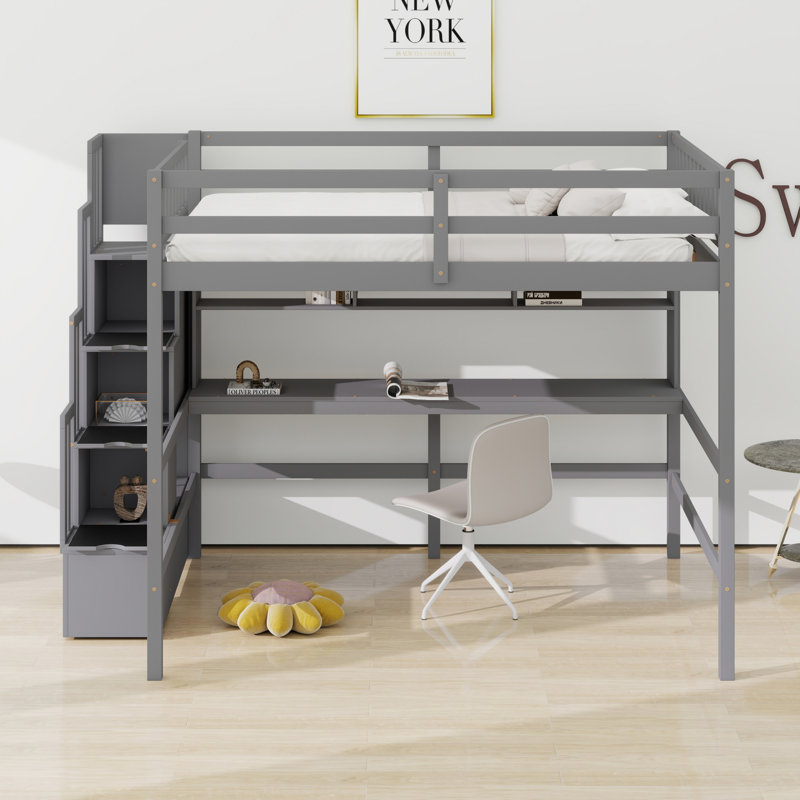 Lit mezzanine avec bureau, tablettes de rangement et escalier, Gris