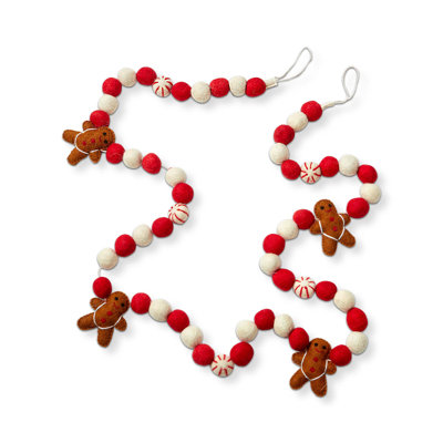 72-inch Gingerbread Men Figures Red Accent Balls Wool Felt Garland Doorway Tabletop Wall Mantel Home Decoration Christmas Tree Decor