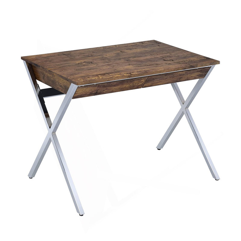 Bureau d'écriture rectangulaire avec 2 tiroirs, chêne vieilli et chrome