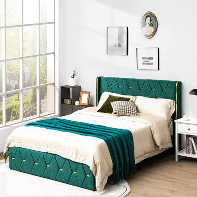 Lit double tapissier vert avec tête de lit réglable