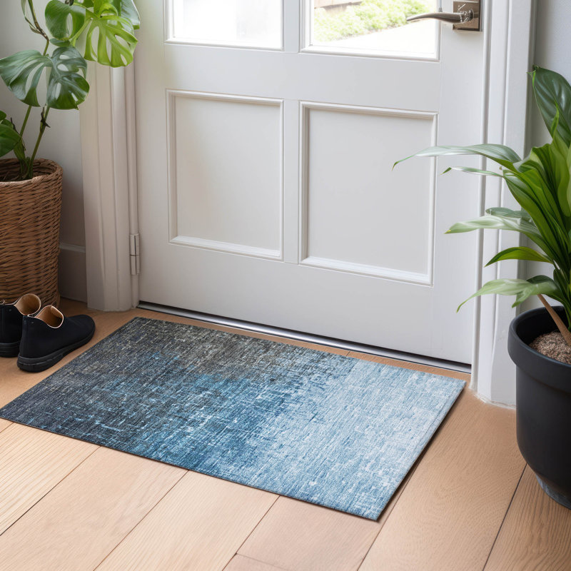 Blue Flat Woven Washable Synthetic Rectangular Rug