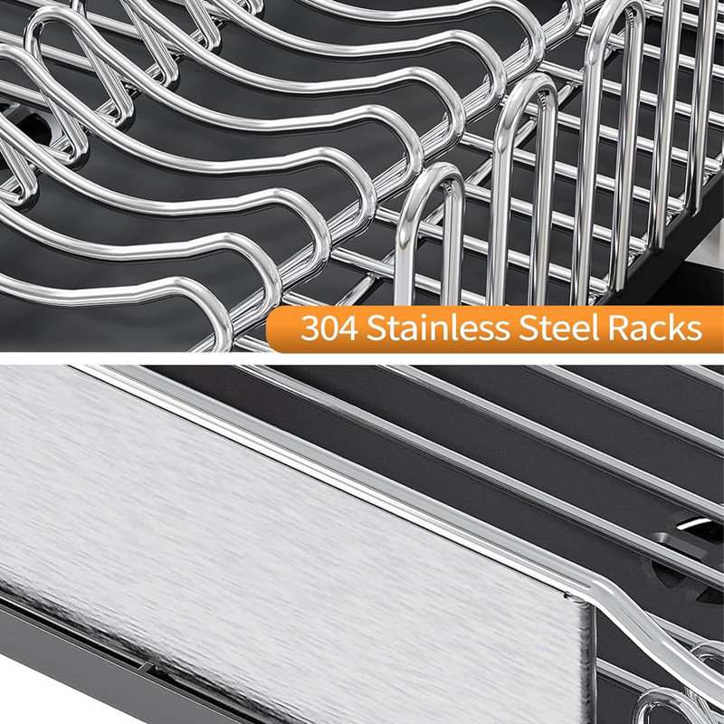 Black Stainless Steel Expandable Foldable Dish Drying Rack with Utensil Cup