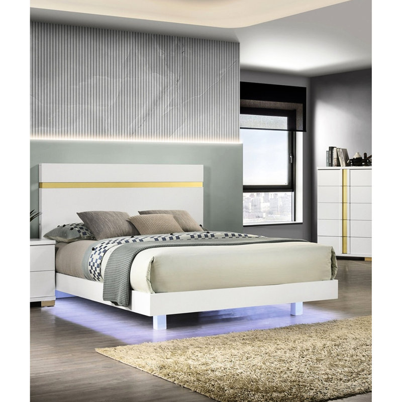 Cadre de lit double contemporain de style contemporain, finition blanche, DEL sous le lit, bois d'ingénierie, métal, garniture en acrylique, conception blanc / or pour matelas,