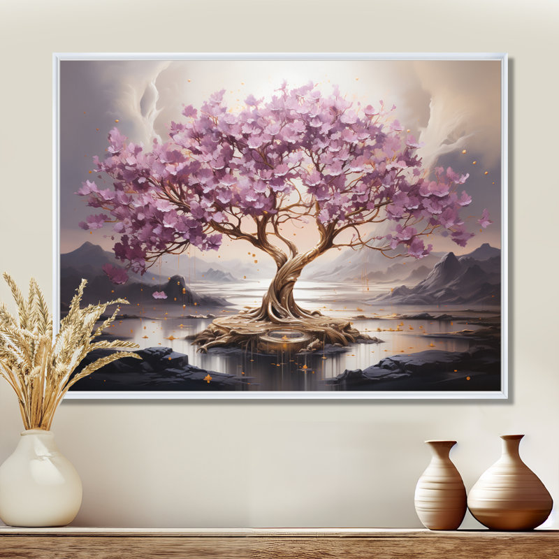 Fleur de cerisier mauve au bord du lac I - Art mural cerisier en fleurs, Cadre flottant blanc, H 24 po x l 32 po x P 1 po