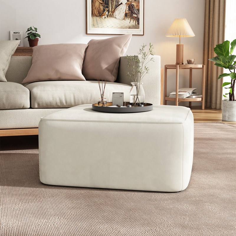 Orrey Upholstered Ottoman, Cream Velvet , 16.25" H x 30.25" W x 30.25" D