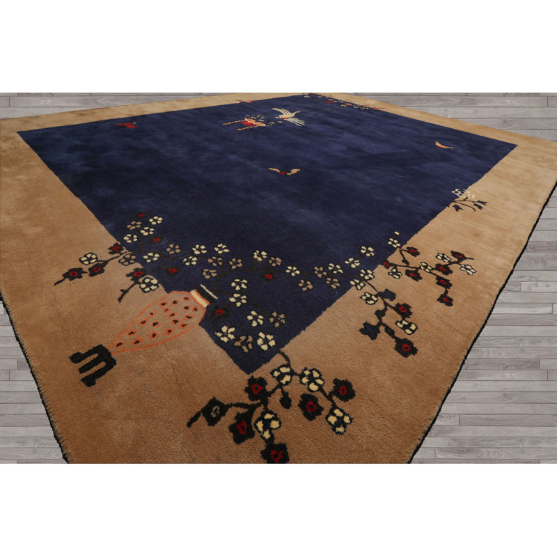 Tapis bleu marine Vase touffeté à la main bleu marine Art Déco, Rectangulaire 8 pi x 10 pi
