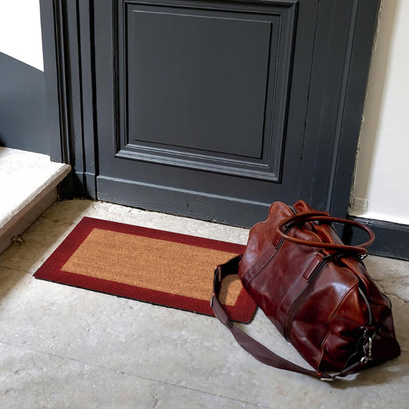 Sheltered Front Door Mat Coir Coco Fibers Rug 24x13 Natural, Brown/Red Borders